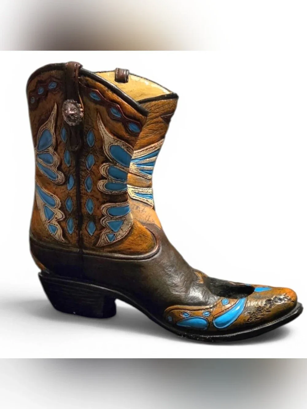 Decorative Country Western Boot Wine Bottle Holder Resin w Inlaid Turquoise